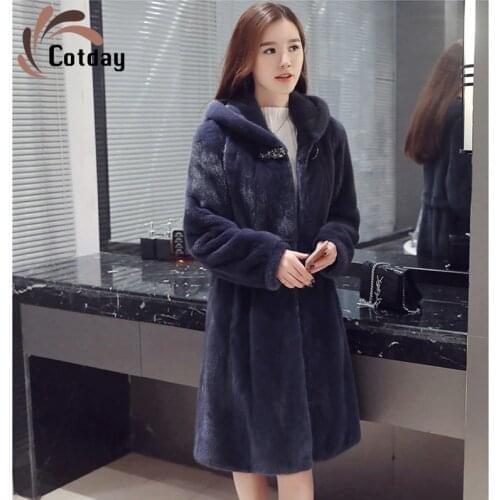 Cotday Long V-NeckSlim Vintage Fashion Women Fur Coat Imitation Mink Fur Whole Mink Medium Length Hooded Windbreaker Women Coats