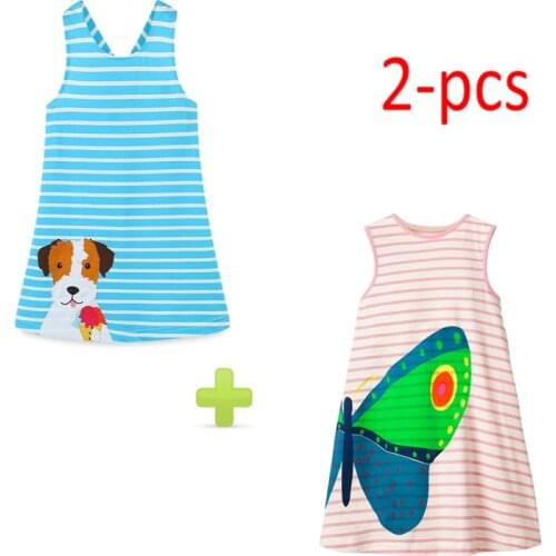 27kids Fashion Breathable Girls with Dog Pattern Cotton Kids Summer Sleeveless Dress for Stripe Casual Skirt 2-7Years
