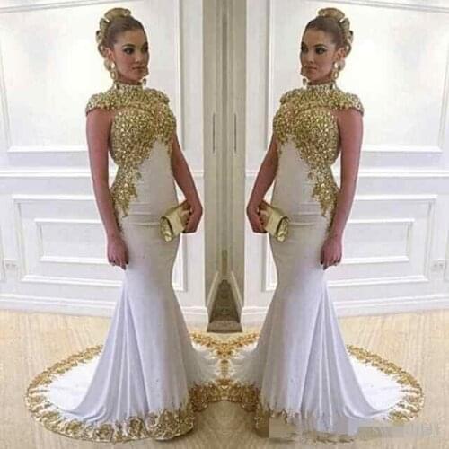 Elegant Muslim Evening Dresses Mermaid High Collar Cap Sleeves Appliques Crystals Dubai Saudi Arabia Long Prom Dress Gown