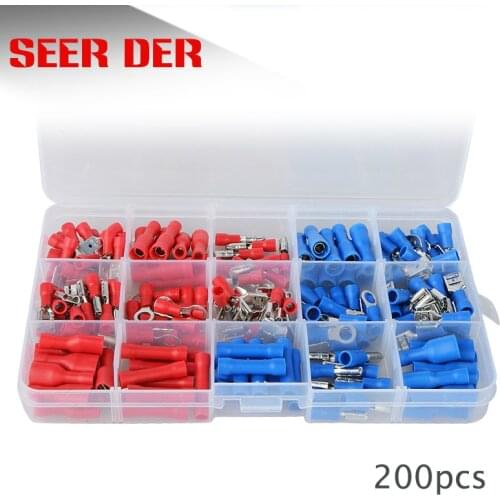 200pcs Eletrical Cable Terminal Connecting Tool Assorted Electrical Fork Ring Spade Crimp Terminal Wire Connector Box Kit