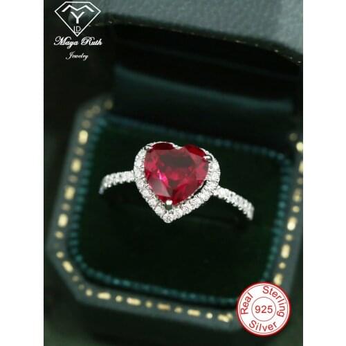 Lab Created Ruby Real Echt 925 Sterling Silver Party Ring For Women Imitation Red Heart Shape Gemstone Female Love Cute Gifts