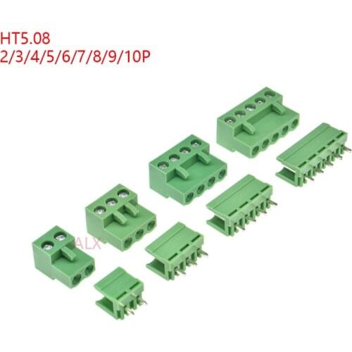 10SETS HT5.08 2/3/4/5/6/7/8/9 pin screw terminal block connector 5.08MM pitch PLUG + Straight PIN HEADER SOCKET for pcb 2p 3p 4p