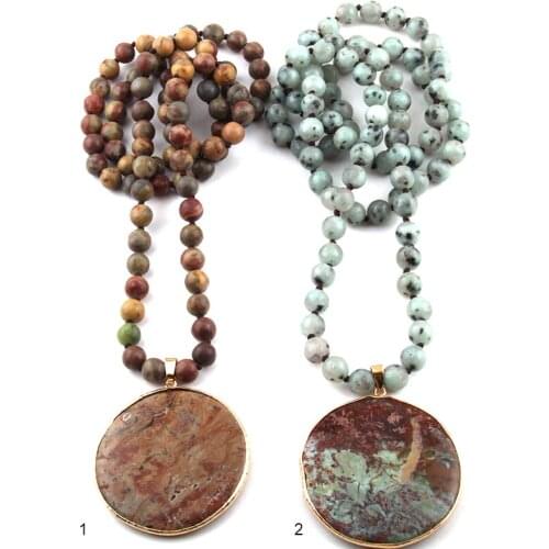 MOODPC Fashion Bohemian Jewelry Blue Natural Stone Knotted Multicolor Stone Round Pendant Women Necklaces Free Shipping
