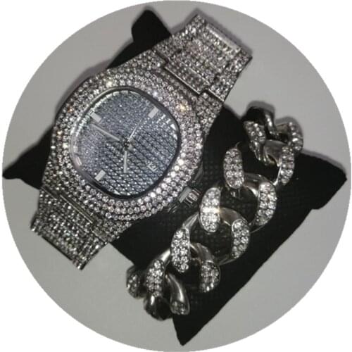 Hip Hop Men Bracelet Gold Silver Color Luxury Men watch & Bracelet Ice Out Crystal Miami Cuban Chain Braclete Hip Hop For Men