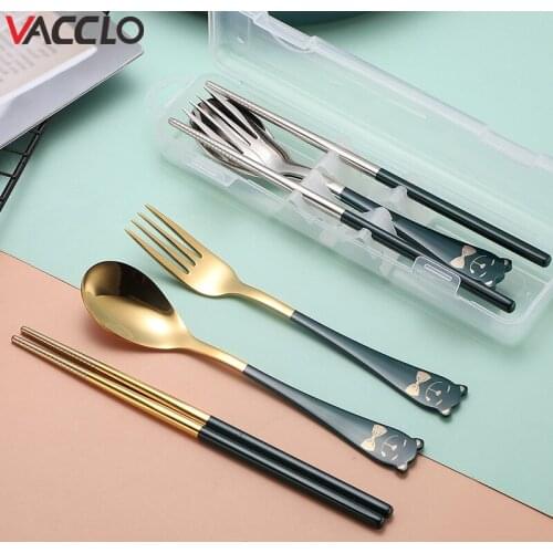 Vacclo 3PCS/Set Tableware Reusable Travel Cutlery Set Camp Utensils Set with Stainless Steel Spoon Fork Chopsticks Portable Case