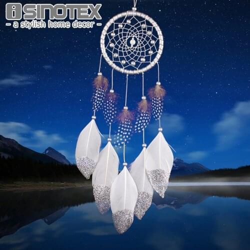 Handmade Wall Hanging Pendant White Beads Indian Dream Catcher Circular Net With Feathers Christmas Decoration New Year Gift