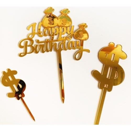 Acrylic Happy Birthday Cake Topper Novelty Money Bag Rich Wishes Cake Topper For Business Men Birthday Party Cake Decorations