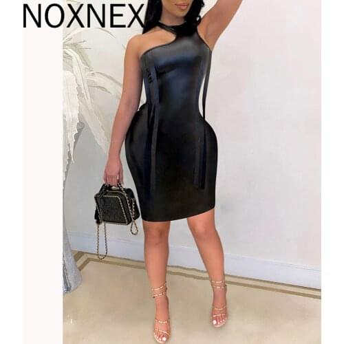 NOXNEX Women PU Sleeveless Bodycon Midi Dress Sexy Party Cut Out Drawstring Patchwork Faux Leather Summer Pencil Dresses