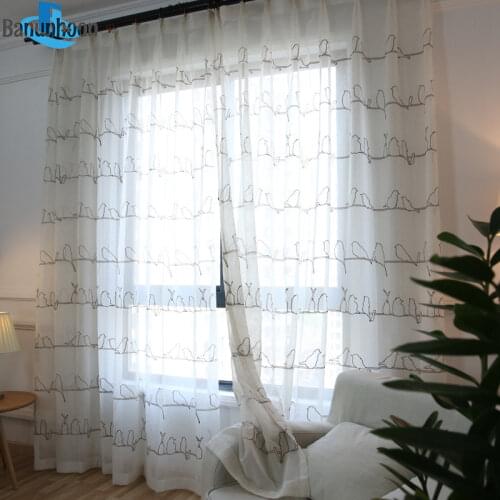 Pastoral Tulle Curtains for Living Room Birds Embroidered Childrens Curtains for Bedroom Linen Kitchen Curtain on the windows