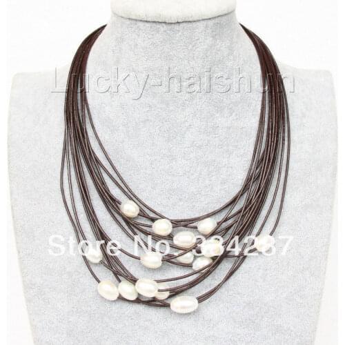 Popular 12mm 15row white pearls wine red leather necklace