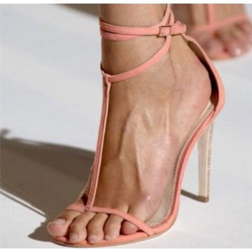Pink Open Toe T-bar Stiletto High Heels Sandals Woman Ankle Strap Cover Heel Thin Strap Pumps Woman Formal Party Dress Shoes