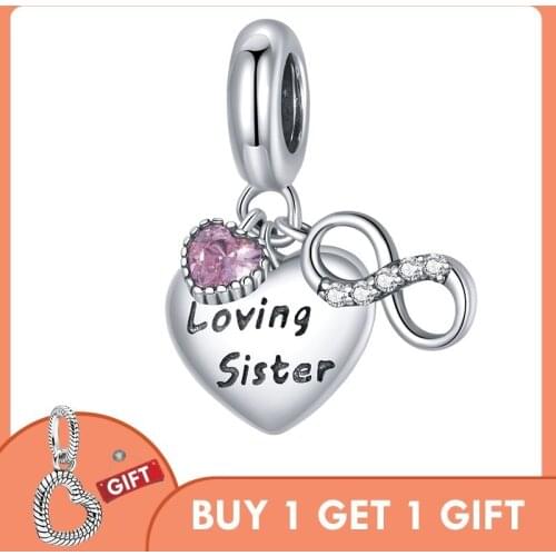 BISAER Beads 925 Sterling Silver Sister Loving Charms Pendant Fit DIY Original Bracelet Necklace Jewelry Accessories Gift EFC414