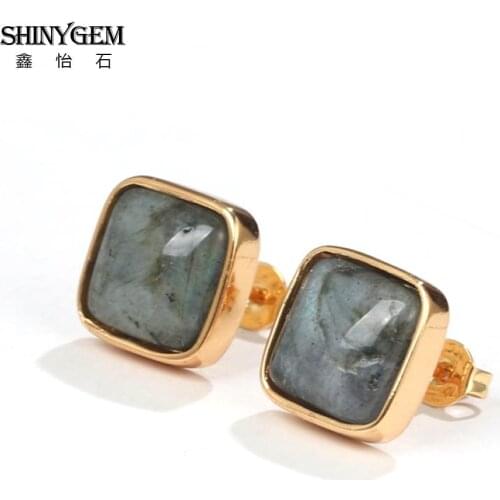 ShinyGem Vintage Square Shape 12*12mm Dark Gray Natural Labradorite Stud Earrings Gold Plating Sparkly Stone Earrings For Women