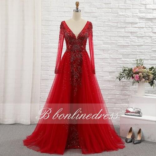 Dark Red Evening Dress 2020 Full Sleeves Crystal Beaded V Neck Transparent Long Prom Dress Formal Party Gowns vestido de festa