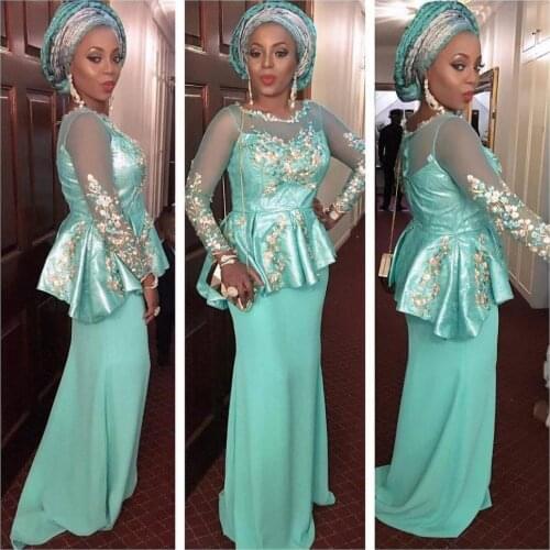 Sage Jewel Long Illusion Sleeves Evening Dresses With Applique Prom Gowns Back Zipper Custom Made Aso Ebi Formal Occasion Gowns