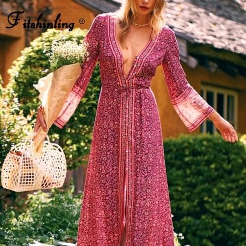 Fitshinling V Neck Vintage Beach Dress Ladies Print Floral Buttons Split Holiday Robe Bohemian Slim Sexy Pareo Autumn Dresses