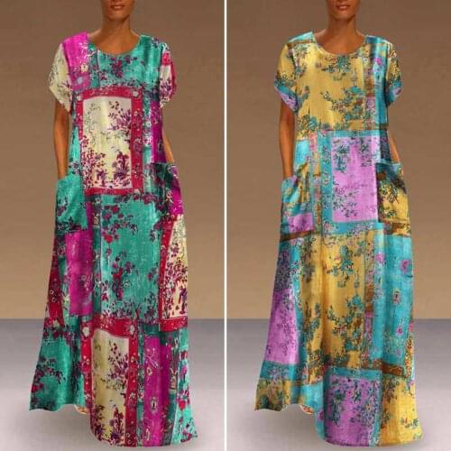 Vintage Printed Holiday Dress 2021 VONDA Women Short Sleeve Sundress Casual Loose Long Maxi Dress With Pockets Vestidos S-5XL