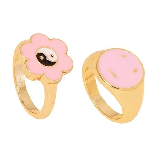 Y2K Jewelry Pink Flower Tai Chi Yin Yang Ring for Women Alloy Vintage Punk Goth Smiley Ring Charms 8090s Aesthetic Wholesale New