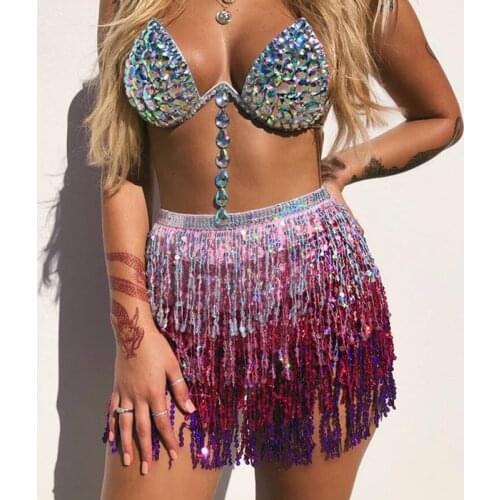 Women Sequins Tassel Short Mini Skirt Fringes Layered Scarf Waist Wrap Costume Party Festival Rave Outfits Hip Sexy Skirts 2021