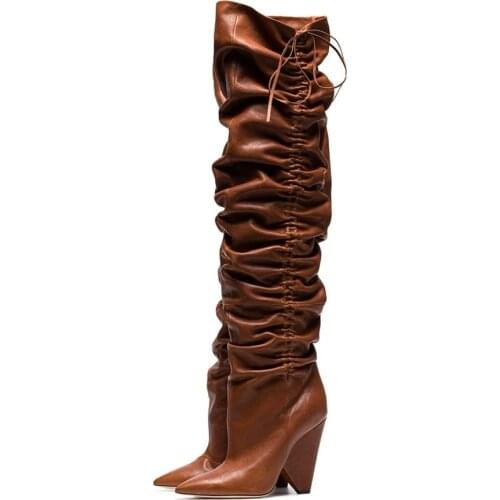 Genuine Leather Shoes Winter Woman Strange Style Heels Boots Stretch Strap Pleated Knee High Long Boots Pointed Toe Winter Boots