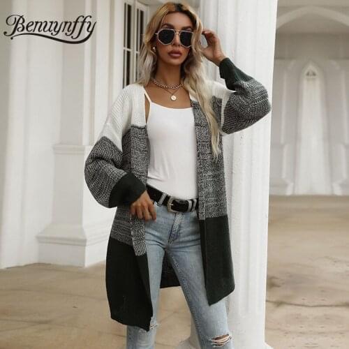 Benuynffy Autumn Winter Color Block Women Long Knitted Cardigan Causal Long Sleeve Female Patchwork Sweater Coat 2021 New