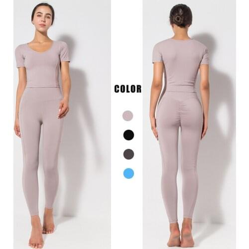 Nessaj Women Solid Color Sets Short Sleeve Tops And High Waist Tights Leggings 2Pcs Sets Breathable Suits Workout Fitness Sets