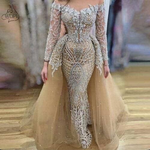 202 Couture Arabic Mermaid Prom Dresses with Detachable Train Luxury Beading Lace Long Sleeves Evening Dress Overskirts Gown