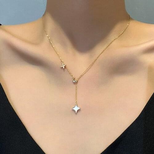 VSnow Vintage Stainless Steel Star Moon Pendant Necklace for Women Femme Asymmetry Gold Color Metal Rhinestones Necklace Jewelry