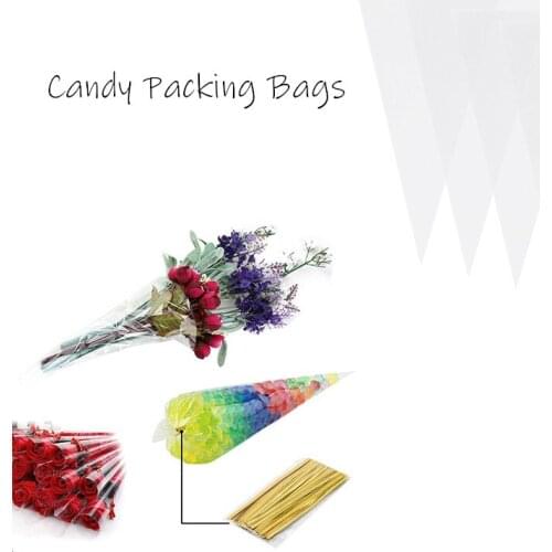100pcs Transparent Candy Packing Bags Wedding Birthday Party Decoration Sweet Cellophane Small Candy Cone Storage Packaging Bags