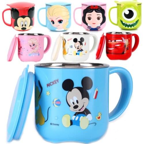 280mL Disney Mickey Cartoon Water Cup 304 Stainless Steel Mug Children Milk Coffee Drinkware with Lid Handle Office Home Cups