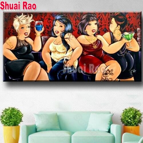Large Fat Ladies Diamond Painting Cartoon Woman Full Square/round Drill Mosaic Living Room Background 3D Stereo Wall Art