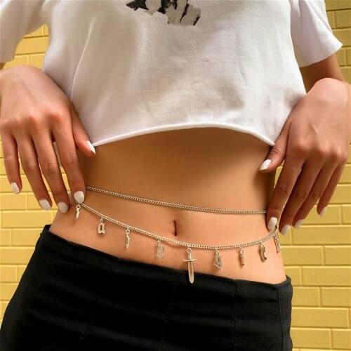 Sexy Belly Chain Thin Link Layered Aesthetic Body Waist Chains Letter Sword Dangle Belt Fashion Body Jewelry Female