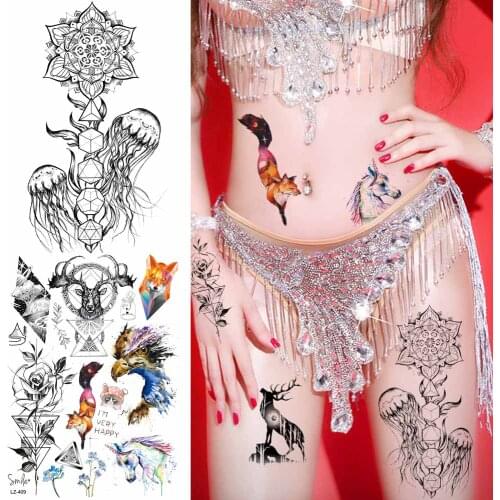Black Jellyfish Chains Temporary Tattoo Stickers Women Flower Geometric Body Art Tatoos Galaxy Fox Eagle Deer Fake Tattoo Moose