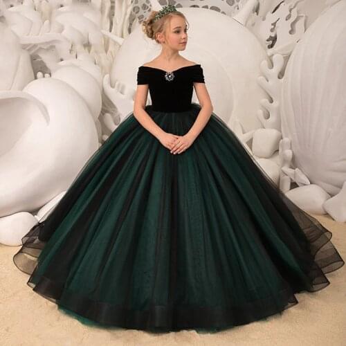 Kids Dresses Girl Elegant Long Prom Green Tulle Gowns 2021 New Children Graduation Dress Teen Wedding Bridesmaid Robe