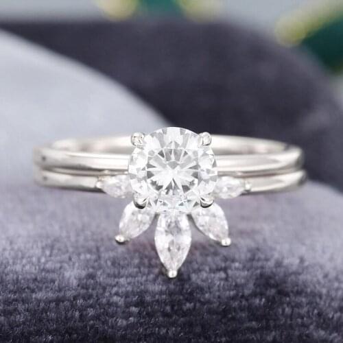 EDI 14k White Gold Moissanites Engagement Ring Round Brilliant Marquise Bridal Wedding Set Romantic Cute Cat Paw Shape Jewelry