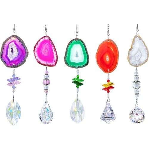 H&D 7 Colors Natural Agate Sun Catchers Rainbow Maker Crystal Prisms Hanging Pendant Stained Glass Window Ornament Garden Decor