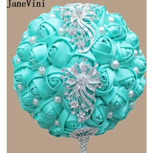 JaneVini Romantic Satin Wedding Bouquet Flower Crystals Pearls Handmade Rose Flowers Boutonnieres Bouquet De Mariage Artificiel