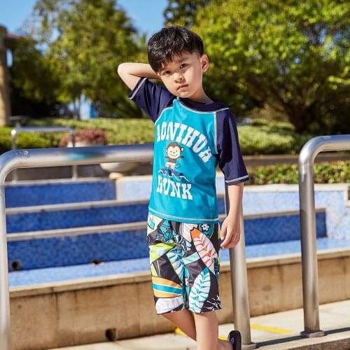 Monkey Printed Boys Swimsuit Sets Kids Two Piece Short Sleeve Rash Guard with Cap Sun Suit Beachwear Swimsuit Swimwear Rashguard