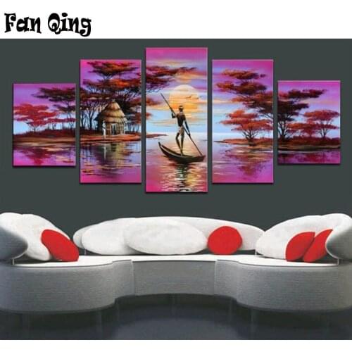 5pcs/set DIY 5D Full square/round Diamond Painting Boat sunset scenery Embroidery Cross Stitch Kit Rhinestone Home Decor