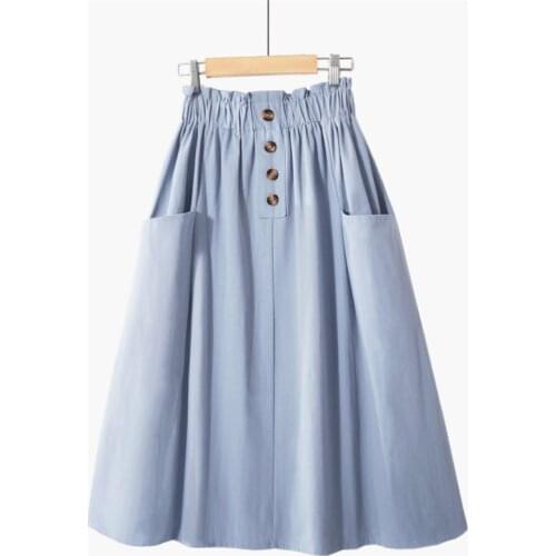 New Spring Autumn Women Midi Long Skirts Button Elastic High Waist A-Line Skirt Female Pockets Solid All Match Skirt Saia AB1584