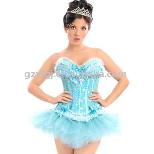 Wholesale Sexy lingerie Womens Fancy Dress Satin Lace Up Basque Corset Separate Tutu S-XXL blue B1584