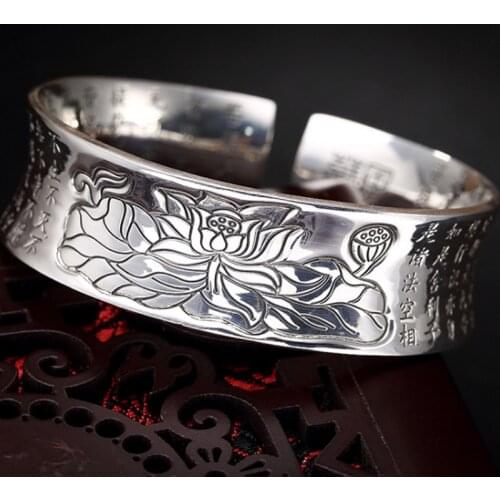 Solid 999 sterling Silver Heart Sutra lotus flower bracelet bangle cuff perfect gift For Women & girl Jewelry A2345