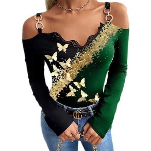 New Arrival Autumn 2021 Fashion Bronzing Butterfly Print Off Shoulder Top T-Shirt Women Ladies Hot Sale V-Neck Long Sleeve Tops