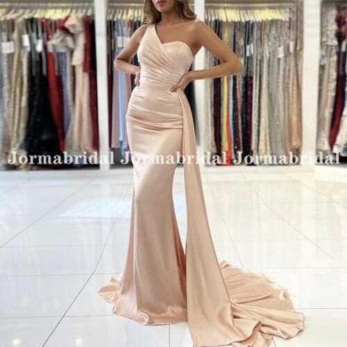 Light Coral Mermaid Prom Dresses With Long Ribbon One Shoulder Sleeveless Evening Gowns Custom Shiny Satin Pleated Formal Dress