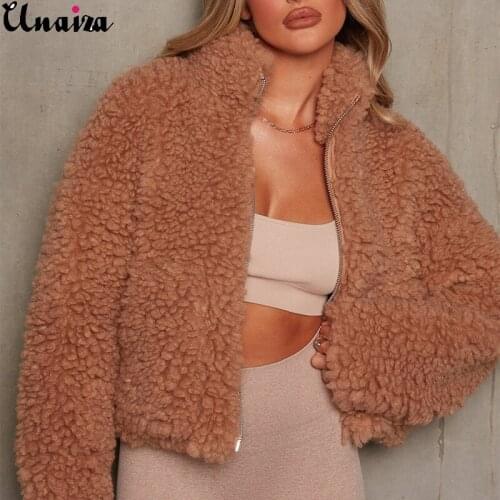 Unaiza Womens Lamb Wool Coat Fashion Plush Cardigan Short Jacket 2020 New Fashion Long Sleeves Loose Solid Color Warm Jacket