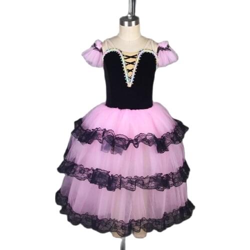 Spanish Long Ballet Tutu Black Velvet Black Top Bodice Pink Tulle Ballet Costumes Dance Tutu Ballerina Dance Costumes