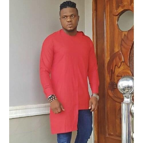 African Fashion Red Asymmetric Design Mens Shirt O-neck Tops Custom Senator Style Mens Outfits Dashiki Party Wear