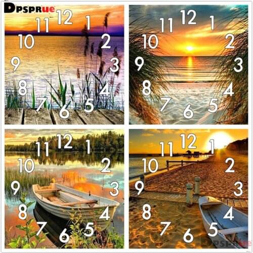 Full Diamond Painting Cross Stitch kit Beach Sea With Clock Mechanism Mosaic 5D Diy Square Round 3d Embroidery Gift HJ544