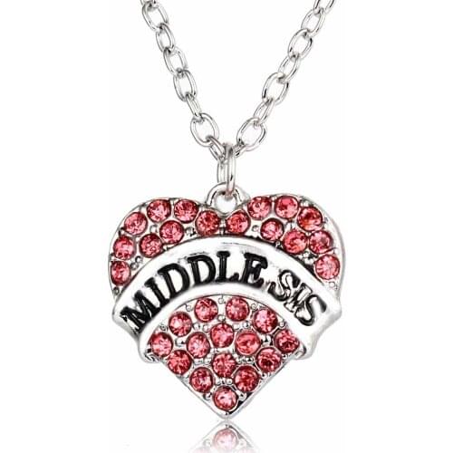 Bespmosp 24PCS/Lot Wholesale Trendy Middle Sis Sister Women Girl Pink Sparkling Charm Heart Pendant Necklace Rhinestone Family
