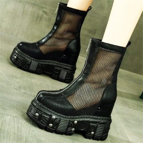 Punk Goth Ankle Boots Womens Sandals Genuine Leather Platform Wedge Creepers Oxfords Summer Party Shoes Military